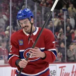 Nov 22, 2025; Montreal, Quebec, CAN; Montreal Canadiens defenseman Arber Xhekaj (72) celebrates the win against the Toronto Maple Leafs at the Bell Centre.