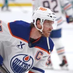 Apr 8, 2026; San Jose, California, USA; Edmonton Oilers center Connor McDavid (97) warms up before the game against the San Jose Sharks at SAP Center at San Jose.