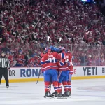 May 25, 2026; Montreal, Quebec, CAN; Montreal Canadiens players celebrate after a goal during the first period against the Carolina Hurricanes in game three of the Eastern Conference Final of the 2026 Stanley Cup Playoffs at Bell Centre.