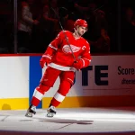 Jan 16, 2026; Detroit, Michigan, USA; Detroit Red Wings center Dylan Larkin (71) looks on following the Red Wings win over the San Jose Sharks at Little Caesars Arena.