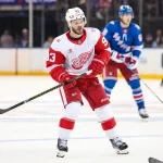 Apr 4, 2026; New York, New York, USA; Detroit Red Wings right wing Alex DeBrincat (93) skates against the New York Rangers during the third period at Madison Square Garden.