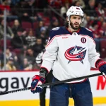 Nov 16, 2024; Montreal, Quebec, CAN; Columbus Blue Jackets right wing Kirill Marchenko (86) looks on during the third period at Bell Centre.