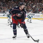 Mar 28, 2026; Columbus, Ohio, USA; Columbus Blue Jackets defenseman Zach Werenski (8) controls the puck against the San Jose Sharks during the first period at Nationwide Arena.