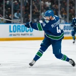 Apr 14, 2026; Vancouver, British Columbia, CAN; Vancouver Canucks forward Elias Pettersson (40) shoots against the Los Angeles Kings in the second period at Rogers Arena