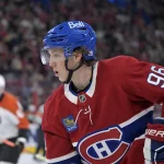 Sep 23, 2025; Montreal, Quebec, CAN; Montreal Canadiens forward Vinzenz Rohrer (96) plays the puck during the second period against the Philadelphia Flyers at the Bell Centre.