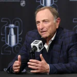 Apr 24, 2026; Salt Lake City, Utah, USA; NHL commissioner Gary Bettman speaks to the media before game three of the first round of the 2026 Stanley Cup Playoffs between the Utah Mammoth and the Vegas Golden Knights at Delta Center.