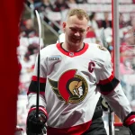 Apr 18, 2026; Raleigh, North Carolina, USA; Ottawa Senators left wing Brady Tkachuk (7) comes off the ice after the warmups before the game against the Carolina Hurricanes in game one of the first round of the 2026 Stanley Cup Playoffs at Lenovo Center.