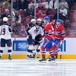 11 avril 2026; Montréal, Québec, Canada; L'attaquant des Blue Jackets de Columbus, Kirill Marchenko (86), célèbre avec ses coéquipiers après avoir marqué un but contre les Canadiens de Montréal en deuxième période au Centre Bell.