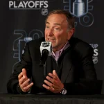 Apr 21, 2026; Buffalo, New York, USA; NHL Commissioner Gary Bettman talks to the media prior to a game between the Buffalo Sabres and the Boston Bruins in game two of the first round of the 2026 Stanley Cup Playoffs at KeyBank Center.