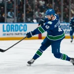 Apr 14, 2026; Vancouver, British Columbia, CAN; Vancouver Canucks forward Elias Pettersson (40) shoots against the Los Angeles Kings in the second period at Rogers Arena.