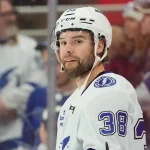 Feb 26, 2026; Raleigh, North Carolina, USA; Tampa Bay Lightning left wing Brandon Hagel (38) looks on during the warmups before the game against the Carolina Hurricanes at Lenovo Center.