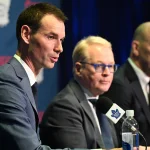 May 4, 2026; Toronto, Ontario, CANADA; Toronto Maple Leafs general manager John Chayka answers media questions beside Maple Leafs Sports and Entertainment CEO Keith Pelley and senior executive advisor Mats Sundin during an introductory news conference at Real Sports Bar and Grill.