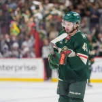May 9, 2026; Saint Paul, Minnesota, USA; Minnesota Wild defenseman Quinn Hughes (43) skates after scoring against the Colorado Avalanche in the first period of game three of the second round of the 2026 Stanley Cup Playoffs at Grand Casino Arena.