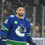 Mar 12, 2026; Vancouver, British Columbia, CAN; Vancouver Canucks left wing Evander Kane (91) during warm up at Rogers Arena against the Nashville Predators.