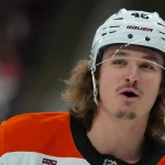 Philadelphia Flyers center Trevor Zegras (46) looks on during the warmups before the game against the Carolina Hurricanes at Lenovo Center.