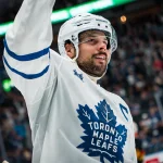 Jan 31, 2026; Vancouver, British Columbia, CAN; Toronto Maple Leafs forward Auston Matthews (34) celebrates his game winning shootout goal against the Vancouver Canucks at Rogers Arena.