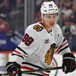 Mar 26, 2026; Philadelphia, Pennsylvania, USA; Chicago Blackhawks center Connor Bedard (98) against the Philadelphia Flyers during the second period at Xfinity Mobile Arena.