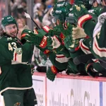 Apr 30, 2026; Saint Paul, Minnesota, USA; Minnesota Wild defensemen Quinn Hughes (43) celebrates his second goal of the night against the Dallas Stars during the third period in game six of the first round of the 2026 Stanley Cup Playoffs at Grand Casino Arena.