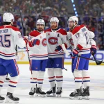 May 8, 2026; Buffalo, New York, USA; Montréal Canadiens defenseman Mike Matheson (8) celebrates his goal with teammates during the first period against the Buffalo Sabres in game two of the second round of the 2026 Stanley Cup Playoffs at KeyBank Center. :