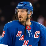 Apr 4, 2026; New York, New York, USA; New York Rangers center J.T. Miller (8) warms up before the first period against the Detroit Red Wings at Madison Square Garden.