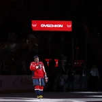 Apr 12, 2026; Washington, District of Columbia, USA; Washington Capitals left wing Alex Ovechkin (8) salutes the fans after being named number one star of the game against the Pittsburgh Penguins in the Capitals' season home finale at Capital One Arena.