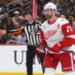 Mar 31, 2026; Pittsburgh, Pennsylvania, USA; Detroit Red Wings center Dylan Larkin (71) celebrates his power play goal against the Pittsburgh Penguins during the second period at PPG Paints Arena.