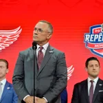 Jul 7, 2022; Montreal, Quebec, CANADA; Detroit Red Wings general manager Steve Yzerman announces Marco Kasper (not pictured) as the number eight overall pick to the Detroit Red Wings in the first round of the 2022 NHL Draft at Bell Centre.