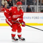 Mar 24, 2026; Detroit, Michigan, USA; Detroit Red Wings center Dylan Larkin (71) skates in the second period against the Ottawa Senators at Little Caesars Arena.