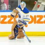 Dec 15, 2024; Toronto, Ontario, CAN; Buffalo Sabres goaltender Devon Levi (27) skates during the warmup before game against the Toronto Maple Leafs at Scotiabank