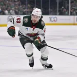 Apr 28, 2026; Dallas, Texas, USA; Minnesota Wild defenseman Quinn Hughes (43) skates against the Dallas Stars in game five of the first round of the 2026 Stanley Cup Playoffs at American Airlines Center.