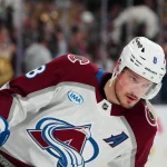 May 24, 2026; Las Vegas, Nevada, USA; Colorado Avalanche defenseman Cale Makar (8) warms up before a game against the Vegas Golden Knights in game three of the Western Conference Final of the 2026 Stanley Cup Playoffs at T-Mobile Arena.