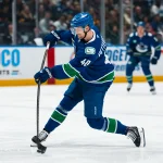 Apr 14, 2026; Vancouver, British Columbia, CAN; Vancouver Canucks forward Elias Pettersson (40) shoots against the Los Angeles Kings in the second period at Rogers Arena.