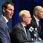 May 4, 2026; Toronto, Ontario, CANADA; Toronto Maple Leafs general manager John Chayka answers media questions beside Maple Leafs Sports and Entertainment CEO Keith Pelley and senior executive advisor Mats Sundin during an introductory news conference at Real Sports Bar and Grill.