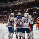 Apr 26, 2026; Anaheim, California, USA; Edmonton Oilers celebrate following a goal during the third period against the Anaheim Ducks in game four of the first round of the 2026 Stanley Cup Playoffs at Honda Center.