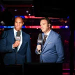 Jun 15, 2024; Edmonton, Alberta, CAN; Sportsnet host David Amber (left) and NHL Insider Elliotte Friedman (right) prior to the game between the Edmonton Oilers and the Florida Panthers in game four of the 2024 Stanley Cup Final at Rogers Place.