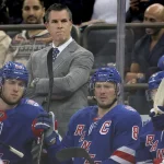 Mar 16, 2026; New York, New York, USA; New York Rangers head coach Mike Sullivan reacts during the first period against the Los Angeles Kings at Madison Square Garden.