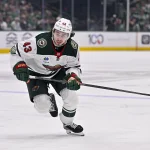 Apr 28, 2026; Dallas, Texas, USA; Minnesota Wild defenseman Quinn Hughes (43) skates against the Dallas Stars in game five of the first round of the 2026 Stanley Cup Playoffs at American Airlines Center.