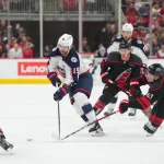 Five NHL restricted free agents are most at risk of an offer sheet Apr 2, 2026; Raleigh, North Carolina, USA; Columbus Blue Jackets center Adam Fantilli (19) skates with the puck past Carolina Hurricanes right wing Jackson Blake (53) and left wing Taylor Hall (71) during the second period at Lenovo Center. Mandatory Credit: James Guillory-Imagn Images