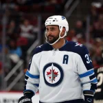 Apr 6, 2019; Glendale, AZ, USA; Winnipeg Jets defenseman Dustin Byfuglien (33) against the Arizona Coyotes at Gila River Arena. Mandatory Credit: Mark J. Rebilas-USA TODAY Sports