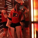 May 9, 2026; Philadelphia, Pennsylvania, USA; Philadelphia Flyers goaltender Dan Vladar (80) waits to take the ice against the Carolina Hurricanes before game four of the second round of the 2026 Stanely Cup Playoffs at Xfinity Mobile Arena.