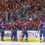 Apr 28, 2026; Edmonton, Alberta, CAN; The Edmonton Oilers celebrate after a goal scored by forward Leon Draisaitl (29) during the second period against the Anaheim Ducks in game five of the first round of the 2026 Stanley Cup Playoffs at Rogers Place.