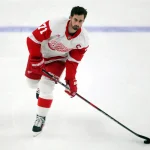 Nov 13, 2024; Pittsburgh, Pennsylvania, USA; Detroit Red Wings center Dylan Larkin (71) warms up against the Pittsburgh Penguins at PPG Paints Arena.