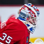 Sep 25, 2025; Montreal, Quebec, CAN; Montreal Canadiens goalie Samuel Montembeault (35) tracks the play against the Toronto Maple Leafs during the second period at Bell Centre. Mandatory Credit: David Kirouac-Imagn Images