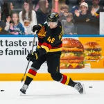 Apr 7, 2026; Vancouver, British Columbia, CAN; Vancouver Canucks forward Elias Pettersson (40) shoots in warm up prior to a game against the Vegas Golden Knights at Rogers Arena.