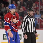 Feb 12, 2023; Montreal, Quebec, CAN; Montreal Canadiens defenseman Arber Xhekaj (72) leaves for the dressing room after his fight with Edmonton Oilers defenseman Vincent Desharnais (73) (not pictured) during the second period at the Bell Centre.