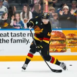 Apr 7, 2026; Vancouver, British Columbia, CAN; Vancouver Canucks forward Elias Pettersson (40) shoots in warm up prior to a game against the Vegas Golden Knights at Rogers Arena.