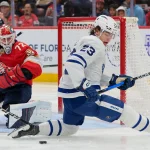 Dec 2, 2025; Sunrise, Florida, USA; Toronto Maple Leafs left wing Matthew Knies (23) moves the puck in front of the net of Florida Panthers goaltender Sergei Bobrovsky (72) during the second period at Amerant Bank Arena.