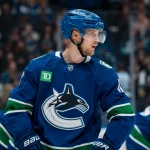 Jan 2, 2026; Vancouver, British Columbia, CAN; Vancouver Canucks forward Elias Pettersson (40) during a stop in play against the Seattle Kraken in the first period at Rogers Arena.