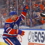 Jan 30, 2025; Edmonton, Alberta, CAN; Edmonton Oilers forward Jeff Skinner (53) celebrates after scoring a goal during the first period against the Detroit Red Wings at Rogers Place.