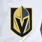 Nov 23, 2024; Montreal, Quebec, CAN; View of a Las Vegas Golden Knights logo on a jersey worn by a member of the team during the second period at Bell Centre. Mandatory Credit: David Kirouac-Imagn Images